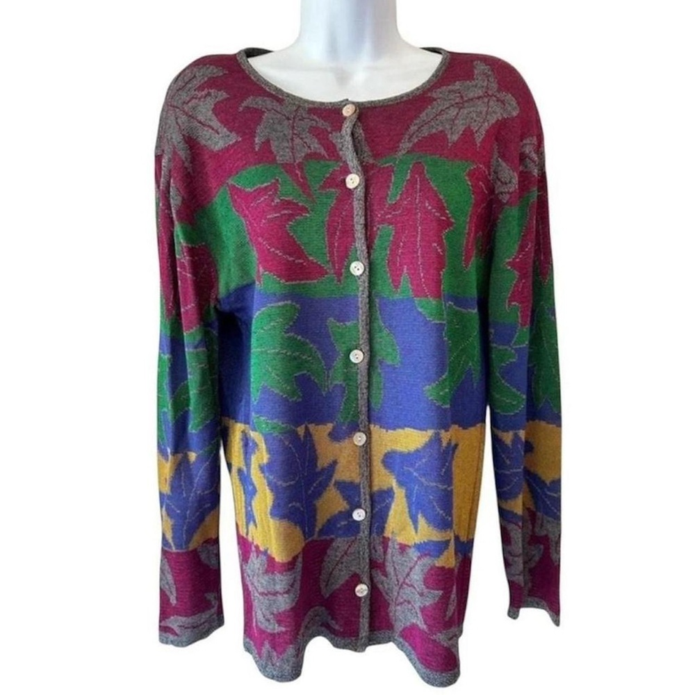 Vintage 90s Academia Twee Fall RODIER Colorblock Leaf Cardigan